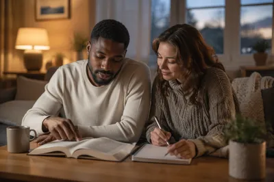 Interracial Couple Reading Together at Home