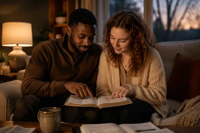 Interracial Couple Reading Bible on Sofa