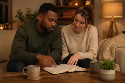 Interracial Couple Reading Together at Home