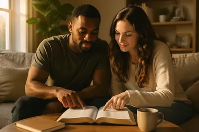 Interracial Couple Reading Bible at Home