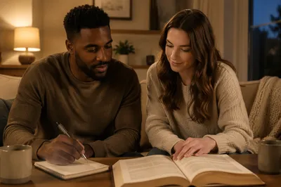 Interracial Couple Studying Together at Home