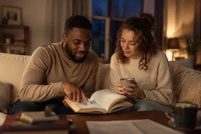 Couple Reading Together on Sofa