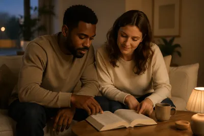 Interracial Couple Reading Together at Home