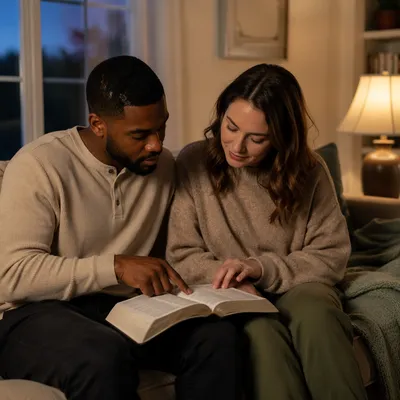 Interracial Couple Reading Bible on Sofa