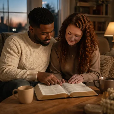 Interracial Couple Reading Bible at Home