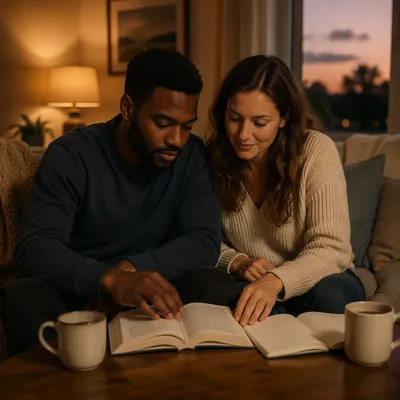 Interracial Couple Reading Together in Cozy Living Room
