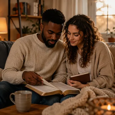 Interracial Couple Reading Bible on Sofa