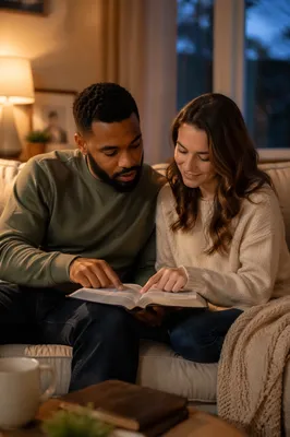 Interracial Couple Reading Bible on Sofa