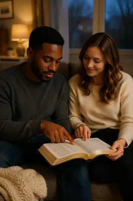 Interracial Couple Reading Together on Sofa
