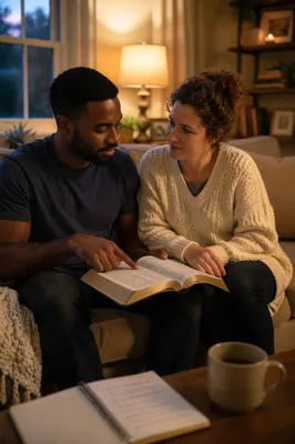 Interracial Couple Reading Bible at Home