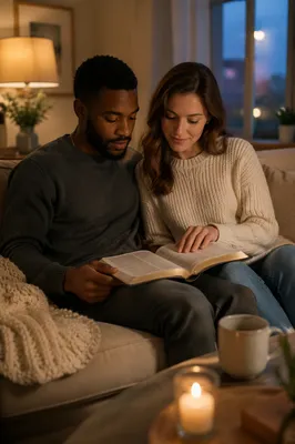 Interracial Couple Reading Bible on Sofa