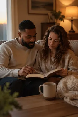 Interracial Couple Reading Together on Cozy Sofa