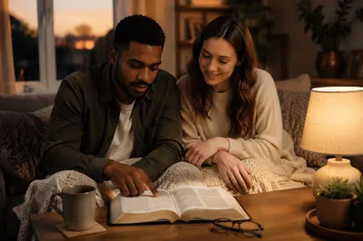 Interracial Couple Reading Bible on Sofa