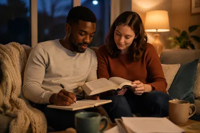 Interracial Couple Reading Bible on Sofa