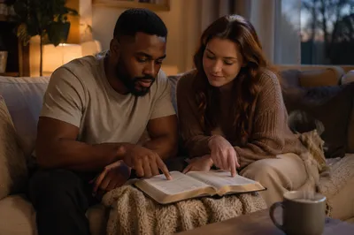 Interracial Couple Reading Bible at Home