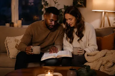 Interracial Couple Reading Together in Cozy Living Room