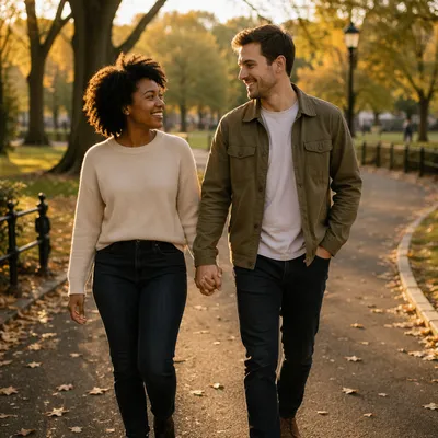 Interracial Couple Walking in Autumn Park