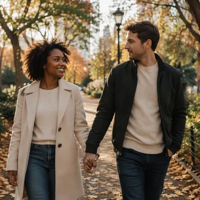 Interracial Couple Walking in Autumn Park