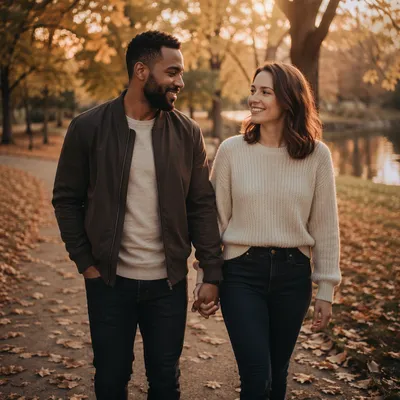 Interracial Couple Walking in Autumn Park