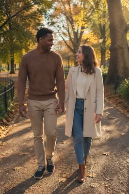 Interracial Couple Walking in Autumn Park