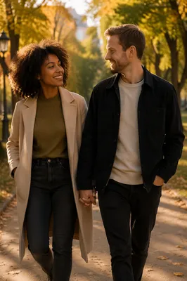 Interracial Couple Walking in Autumn Park
