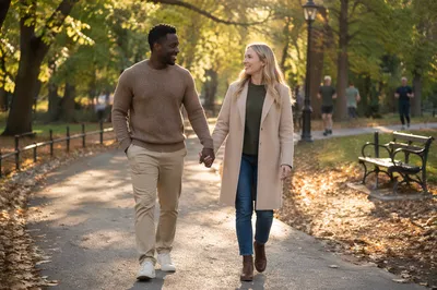 Interracial Couple Walking in Autumn Park