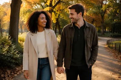 Interracial Couple Walking in Autumn Park