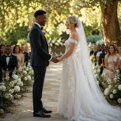 Interracial Couple Wedding Ceremony in Garden