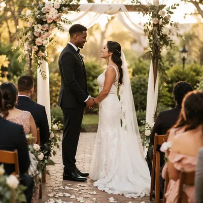 Interracial Couple Wedding Ceremony in Garden