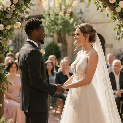 Interracial Couple Wedding Ceremony in Garden Courtyard