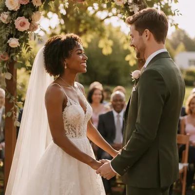 Interracial Couple Wedding Ceremony in Garden