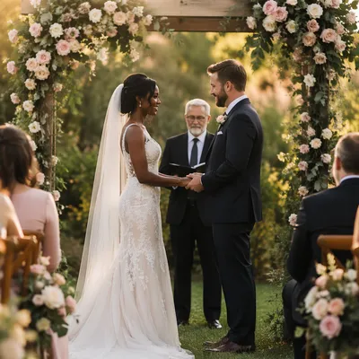 Interracial Couple Wedding Ceremony in Garden