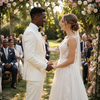 Interracial Couple Wedding in Sunlit Garden