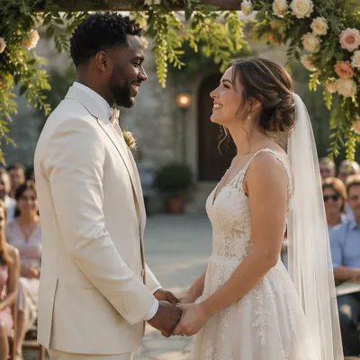 Interracial Couple Wedding Ceremony in Garden
