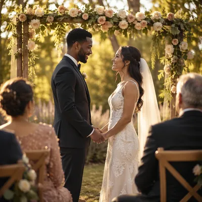 Interracial Couple Exchanging Vows in Garden