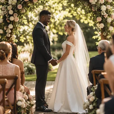 Interracial Couple Wedding in Sunlit Garden