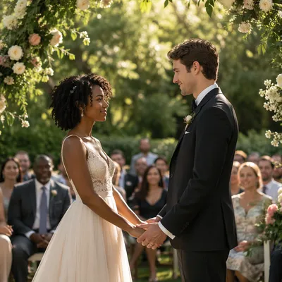 Interracial Couple at Garden Wedding Ceremony