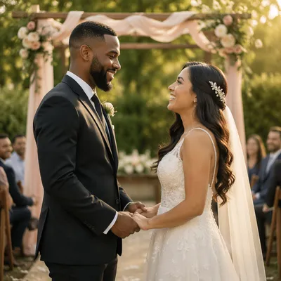 Interracial Couple Wedding Ceremony in Garden