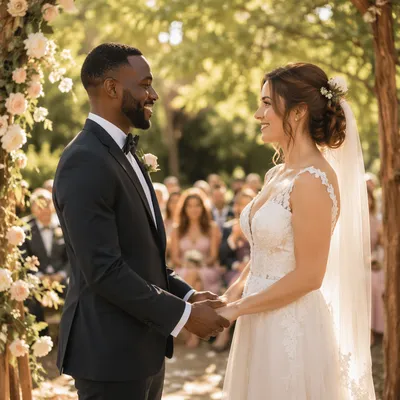 Interracial Couple Exchanging Vows in Garden