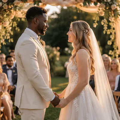 Interracial Couple Wedding Ceremony in Garden