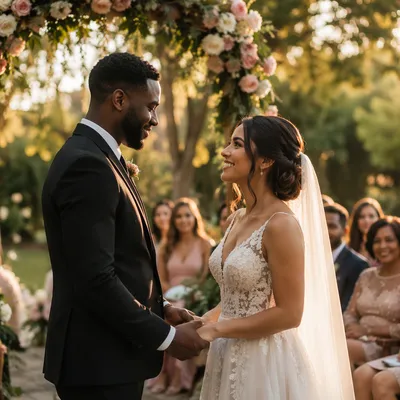 Interracial Couple Wedding Ceremony in Garden