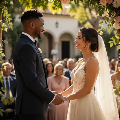 Interracial Couple Wedding Ceremony in Garden