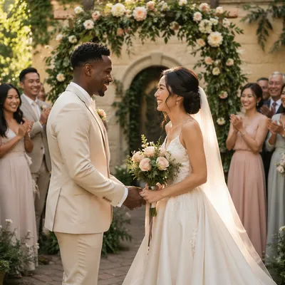 Interracial Couple Exchanging Vows in Garden