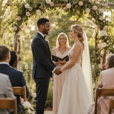Interracial Couple at Garden Wedding Ceremony