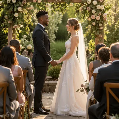 Interracial Couple Exchanging Vows in Garden