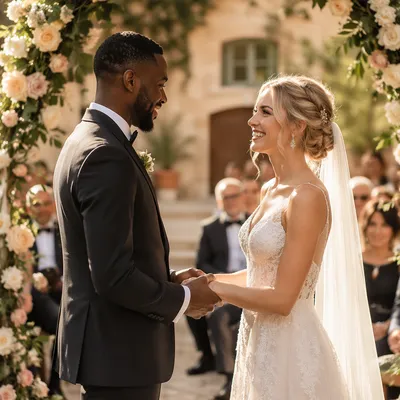 Interracial Couple Wedding Ceremony in Garden Courtyard