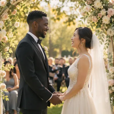Interracial Couple Wedding Vows in Garden
