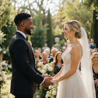 Interracial Couple at Garden Wedding Altar