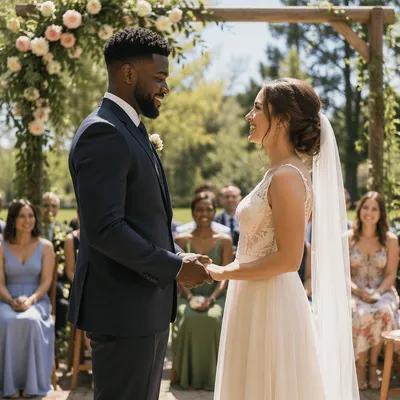 Interracial Couple Wedding Ceremony in Garden