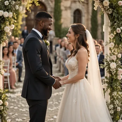 Interracial Couple Wedding Ceremony in Garden